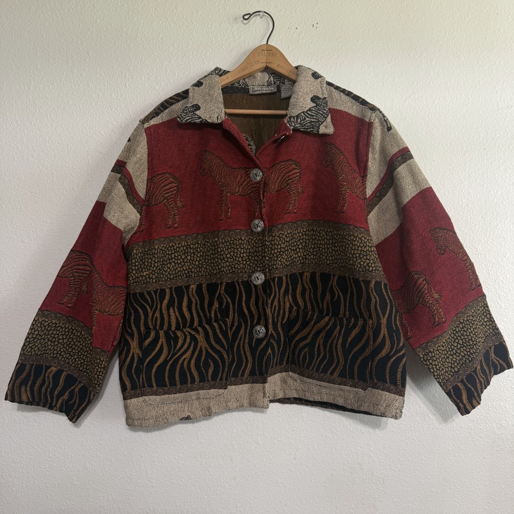 Vintage Jane Ashley Tapestry Jacket Womens Large Zebra Print Collar Retro Art